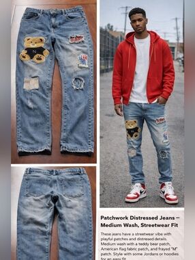 Teddy Bear Patchwork Distressed Jeans – Medium Wash, Graphic Streetwear Denim